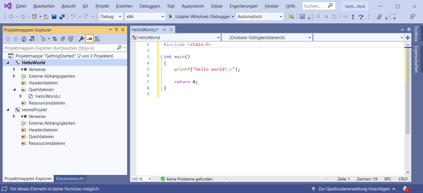 Visual Studio mit hello-world-Programm